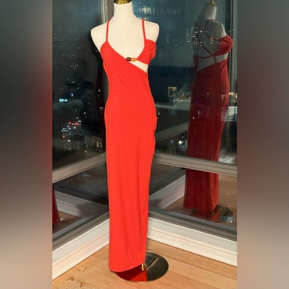 🆕 CHRISTOPHER ESBER 🧿 Crystal Cutaway Lycra Maxi Dress, Red/Orange, Sz AU8 US4 - Picture 3 of 16